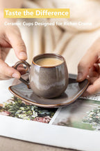 LYEOBOH 3oz Coffee Espresso Cups with Saucers Set of 6, Ceramic Small Coffee Cups with Holder and Spoons, Cute Demitasse Cups for Espresso, Latte, Mocha, Housewarming Gift - Farmhouse, Brown