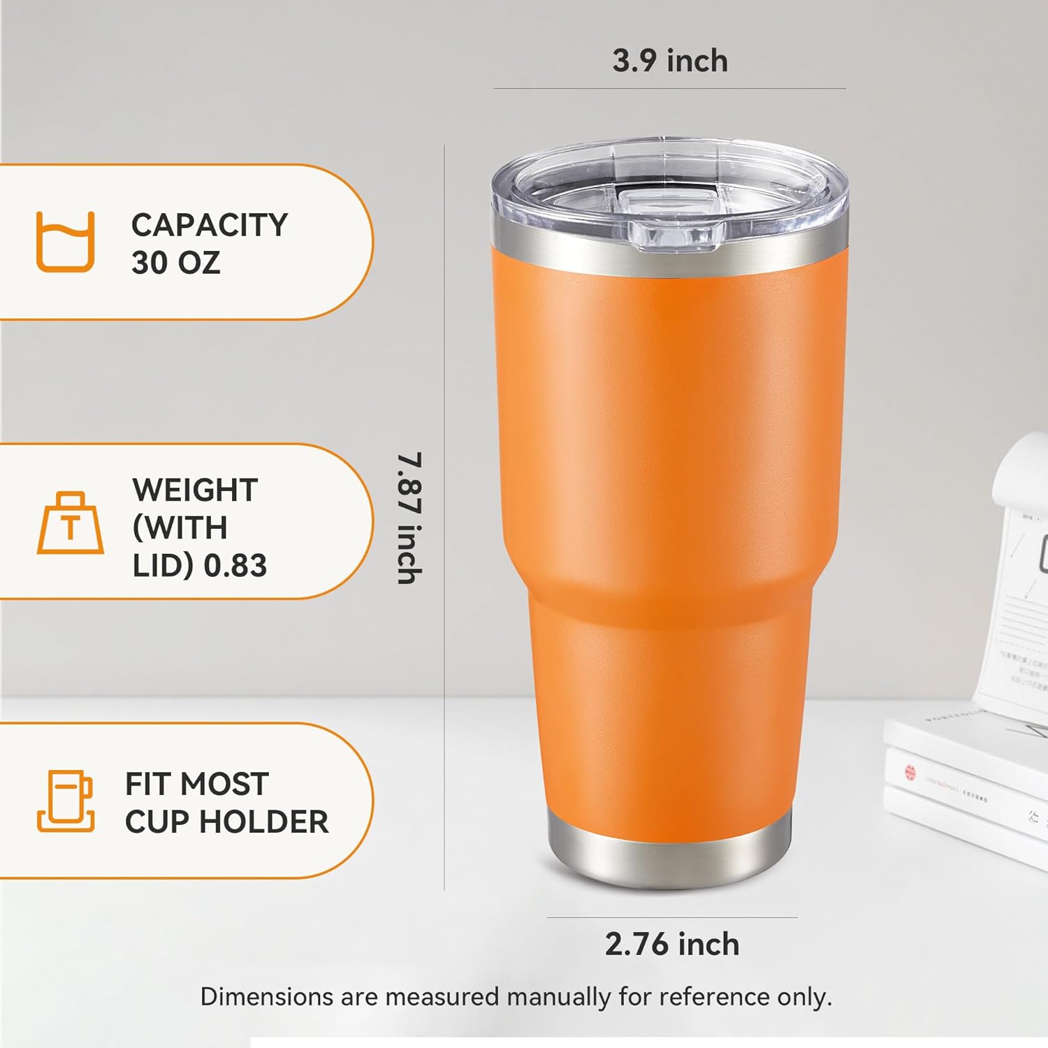 30 oz Tumbler with Lid Stainless Steel Tumblers Bulk Vacuum Insulated Cup Reusable Powder Coated Travel Mug Double Wall Leak Proof Cups Keep Cold Drinks for 12 Hours Orange, Set of 4