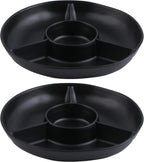 Chip & Dip Serving Tray Set, 4 Sectional Round Melamine Serving Platter, Relish Tray, Round Compartment Appetizer platter for Veggies, Candy and Snacks, Matte Black, Set of 2
