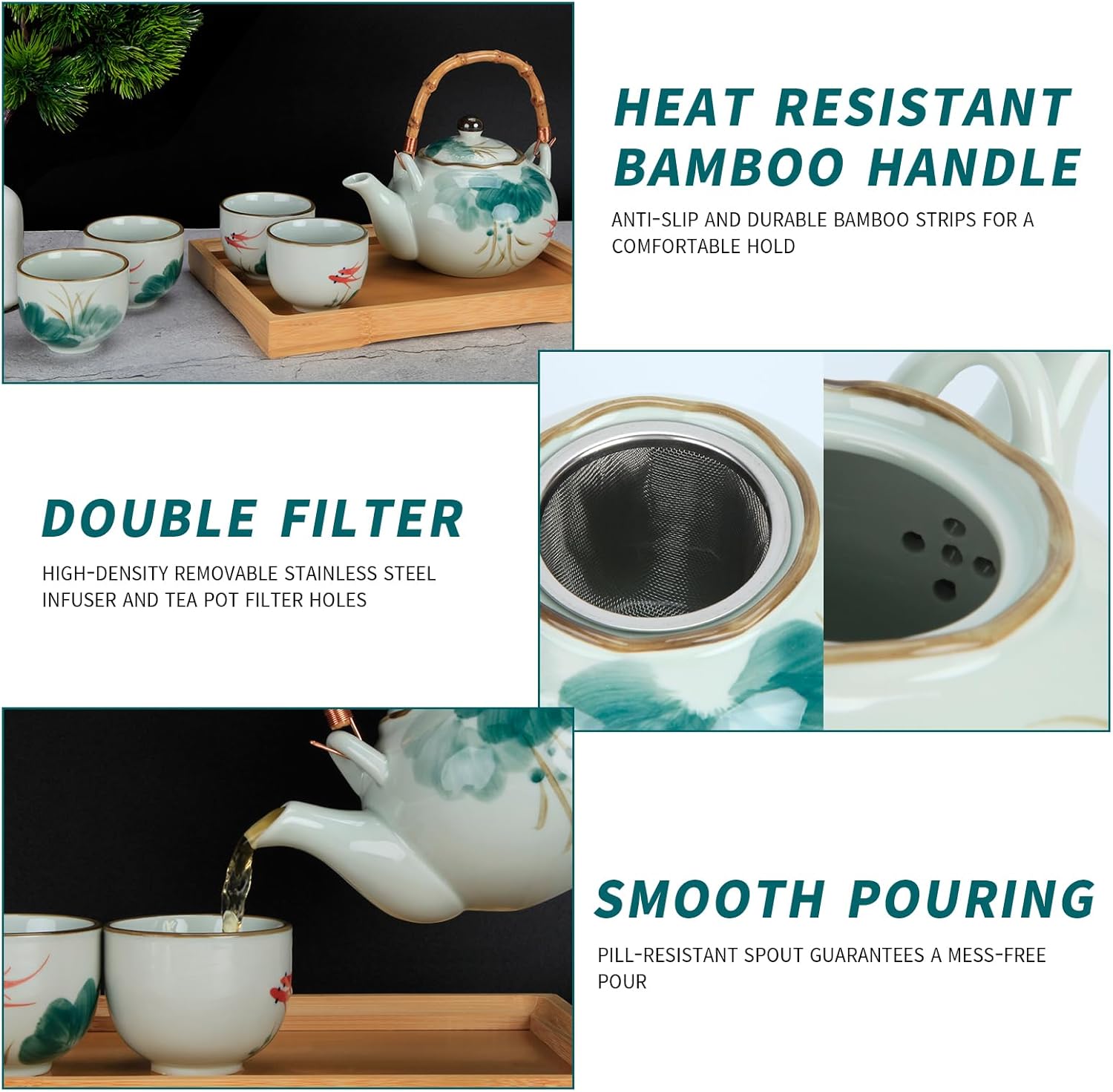 Japanese Tea Set Porcelain Tea Set with Teapot and Tea Cup Set for 4, Green and White Tea Sets for Adults with Stainless Infuser and Bamboo Tray, Asian Tea Set for Tea Lovers/Women/Men (Lotus)