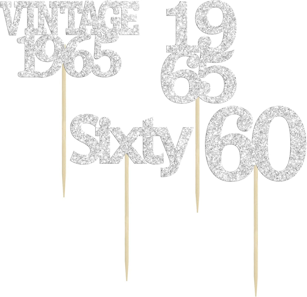 Gyufise 24Pcs 60th Birthday Cupcake Toppers Cheers to 60 Fabulous Sixty Cupcake Picks Vintage 1965 Decorations for 60th Birthday Wedding Anniversary Party Cake Decorations Supplies Silver