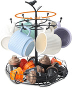 Rotating Mug Tree for Countertop | Decorative Bird & Nest Mug Holder with Storage Basket | Holds 6 Mugs & Pods | 360° Spinning Coffee Cup Rack for Kitchen, Coffee Bar Accessories & Home Décor