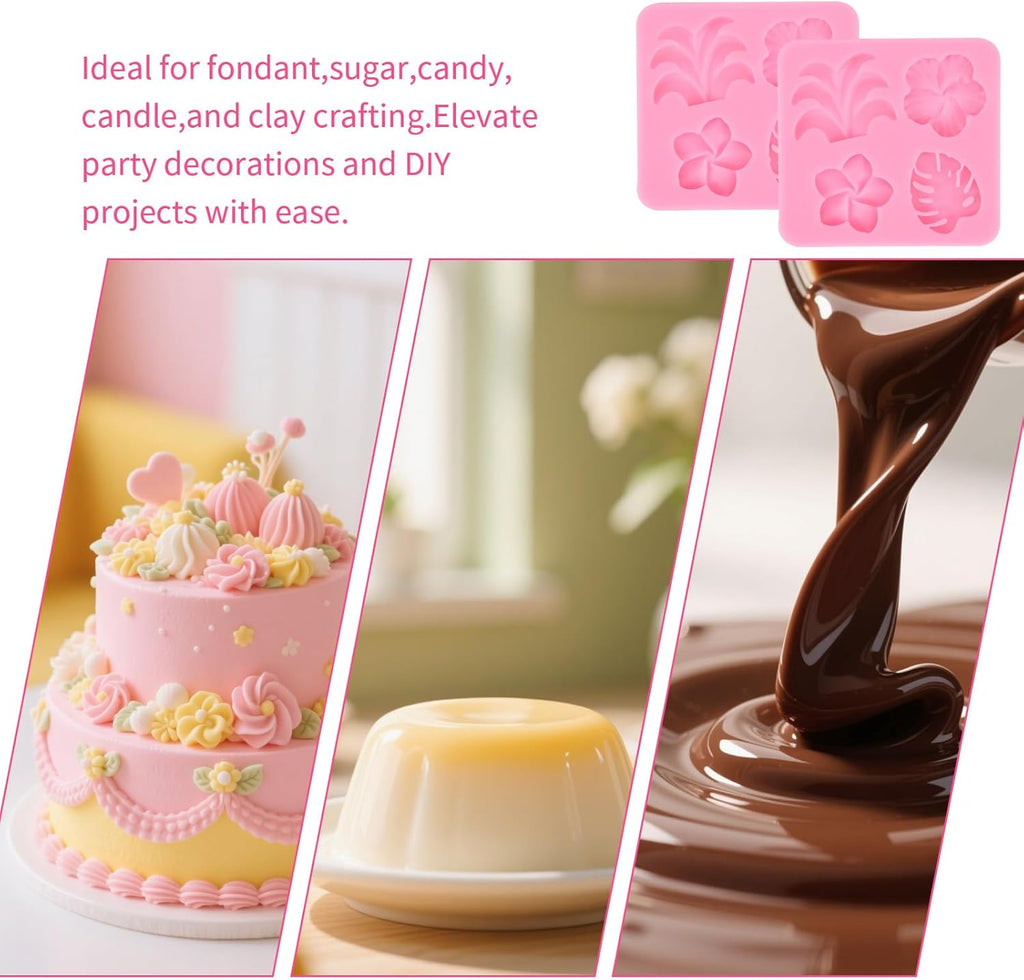 2 Pcs Tropical Flowers and Leaves Silicone Mold Set Plumeria,Hibiscus,Monstera Leaf for Diy Chocolate,Candy,Gummy Molds,Fondant,Cupcake Topper,Hawaiian Party Decoration(Pink)