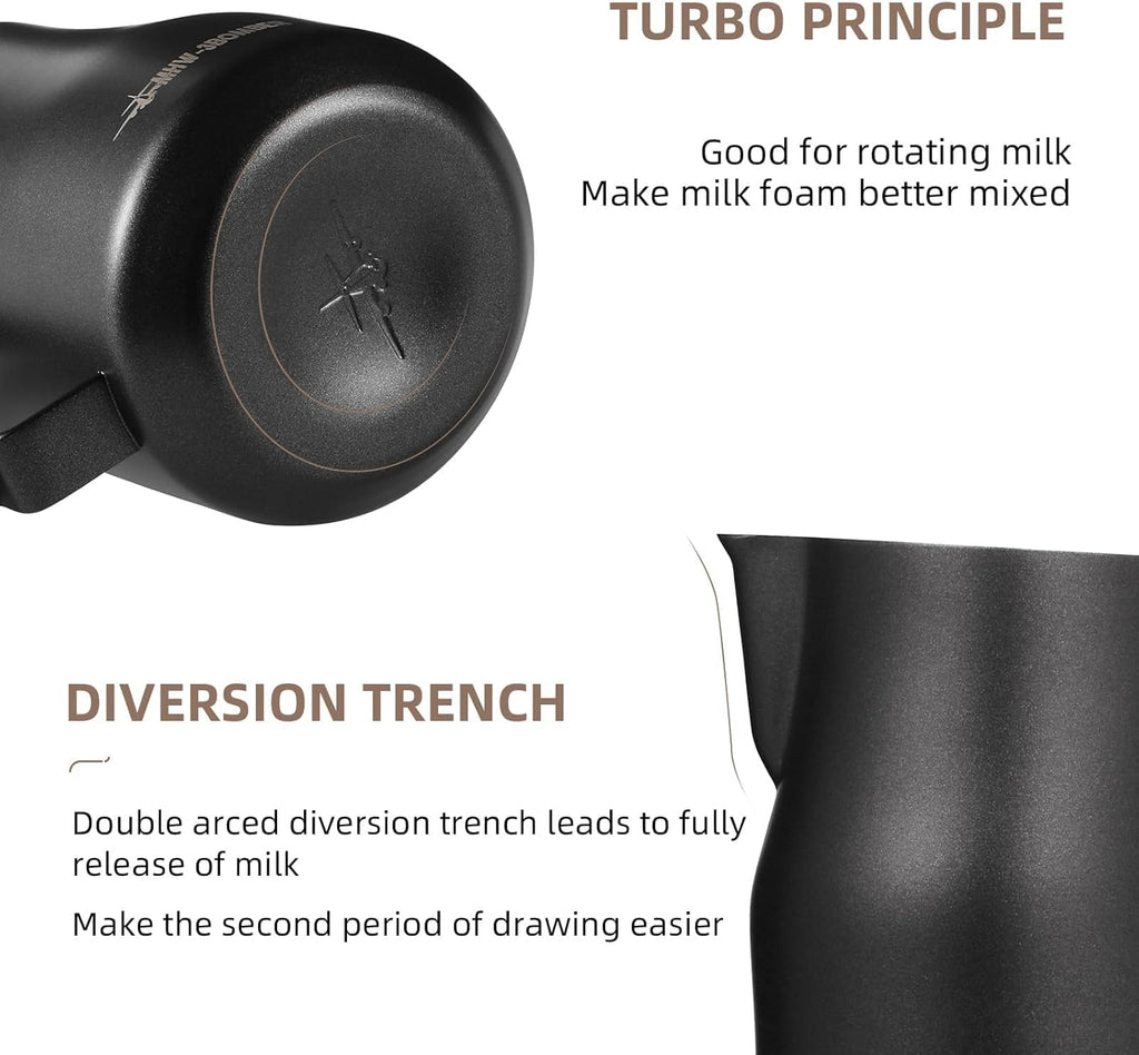 MHW-3BOMBER Milk Frothing Pitcher 12oz Milk Frother Cup Espresso Steaming Pitcher Stainless Steel Milk Frother Cup Barista Latte Art Round Spout Milk Jug, Black P6007MB-OS