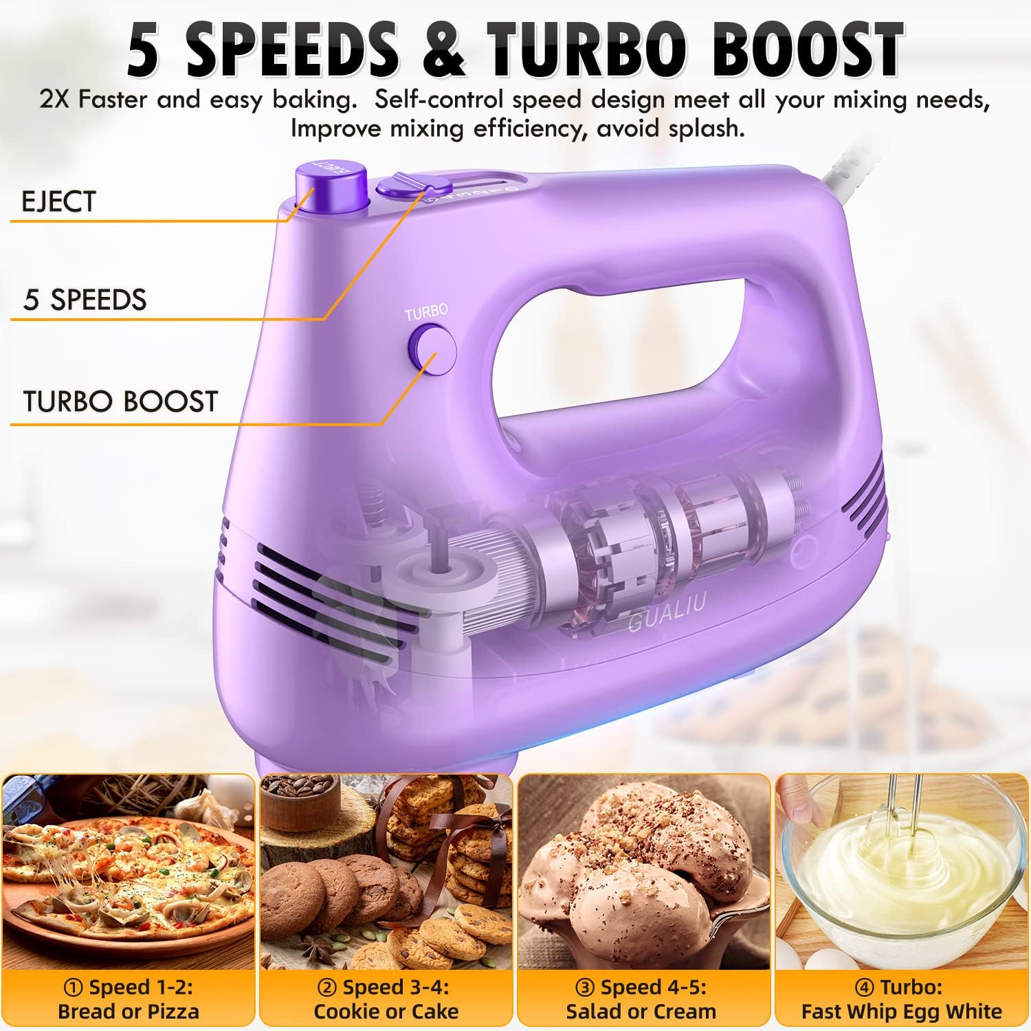 Electric Hand Mixer with Stainless Steel Whisk, Dough Hook Attachment and Storage Bag, Handheld Mixer for Baking Cakes, Eggs, Cream Food Mixers. Turbo Boost /5 Speed Kitchen Blender PURPLE