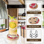 Wood Coasters Set of 6 with Holder, Cewiru Cup Mat for Drinks, Absorbent Coasters with Felt Insert for Coffee Table Protection, Modern Style Home Dining Table Decor, 4.3" Red