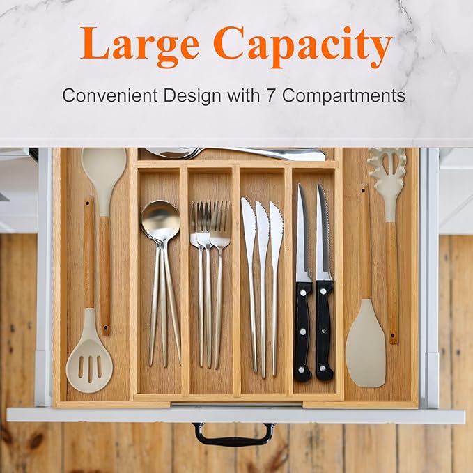 Expandable Large Utensil Drawer Organizer Cutlery Tray Bamboo Kitchen Silverware Organizer Cooking Utensil Tray Holder Adjustable Wooden Flatware Organizer for Drawer Spoon Fork Silverware Tray