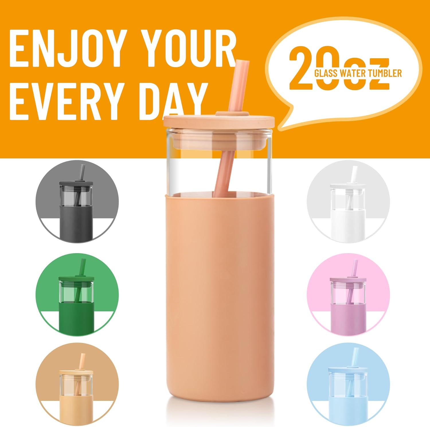 Tronco 20 oz Glass Tumbler With Lids and Straws, Reusable Smoothie Cups With Silicone Lid, Iced Coffee Cup With Silicone Protective Sleeve, Dishwasher Safe- BPA Free（White 1 Count）