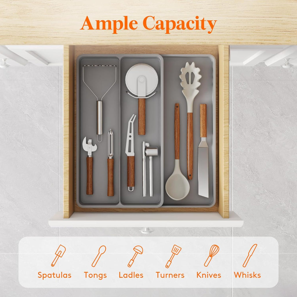 Lifewit Utensil Drawer Organizer, Expandable Cooking Silverware Tray for Kitchen Drawer, Adjustable Cutlery Flatware Holder, Plastic Spatula Tools and Gadgets Storage Divider, 3 Compartments, Gray