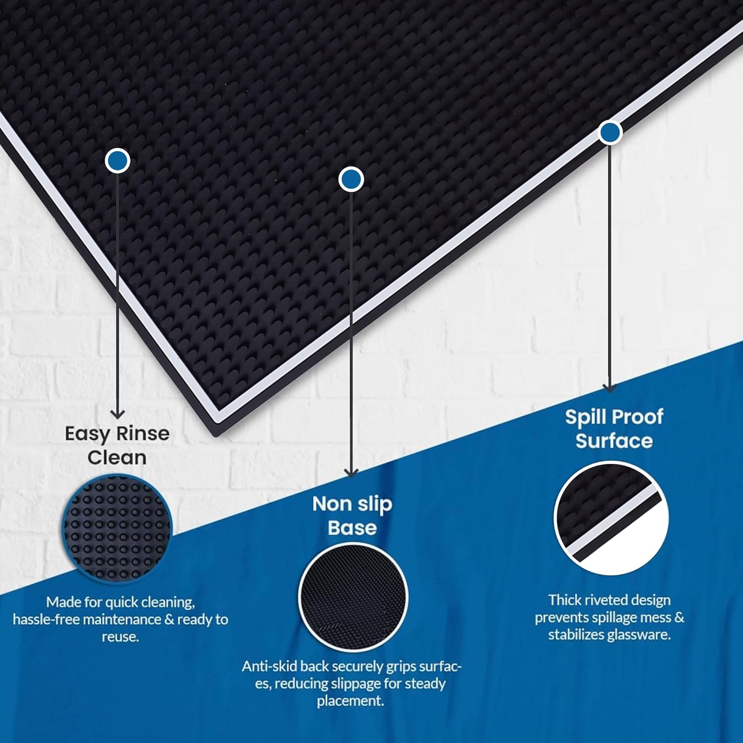 Premium Rubber Bar Mats for Countertop 18" x 12" White Edge Black Bar Mats for Bartending, Bar Service Mat, Home Bar, Coffee Mat Spill Matt (1 Piece)