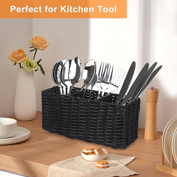 Ayiaren Wicker Silverware Cutlery Holder Black Flatware Utensil Caddy Best Silverwares Organizer Storage for Countertop Party Kitchen Utensils Holder Flatware Silverware Caddy Spoon and Fork Holders