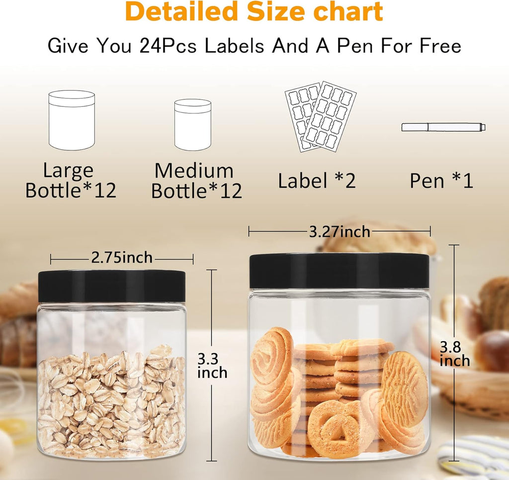 Plastic Jars with Lids 8 oz & 14 oz 24Pcs Clear Plastic Slime Storage Jars Containers with Airtight Leak Proof Black Screw On Lids Cylinder Clear Round Jar Food Grade Durable Jar