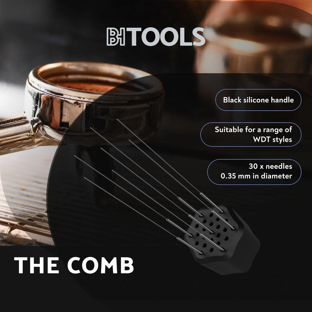 Barista Hustle WDT Espresso Distribution Tool, Coffee Distributor for Barista, 25 Needle Comb with Black Silicone Handle, 501 Stainless Steel for Precise Coffee Distribution, 30 Needles Included