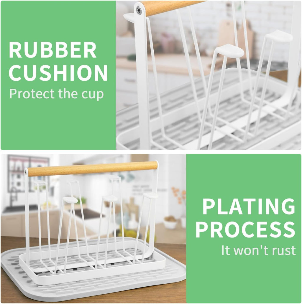 Cup Drying Rack Stand, 6 Cup Metal Drainer Holder Rack Non-Slip Mugs Cups Organizer with Wood Handle, White