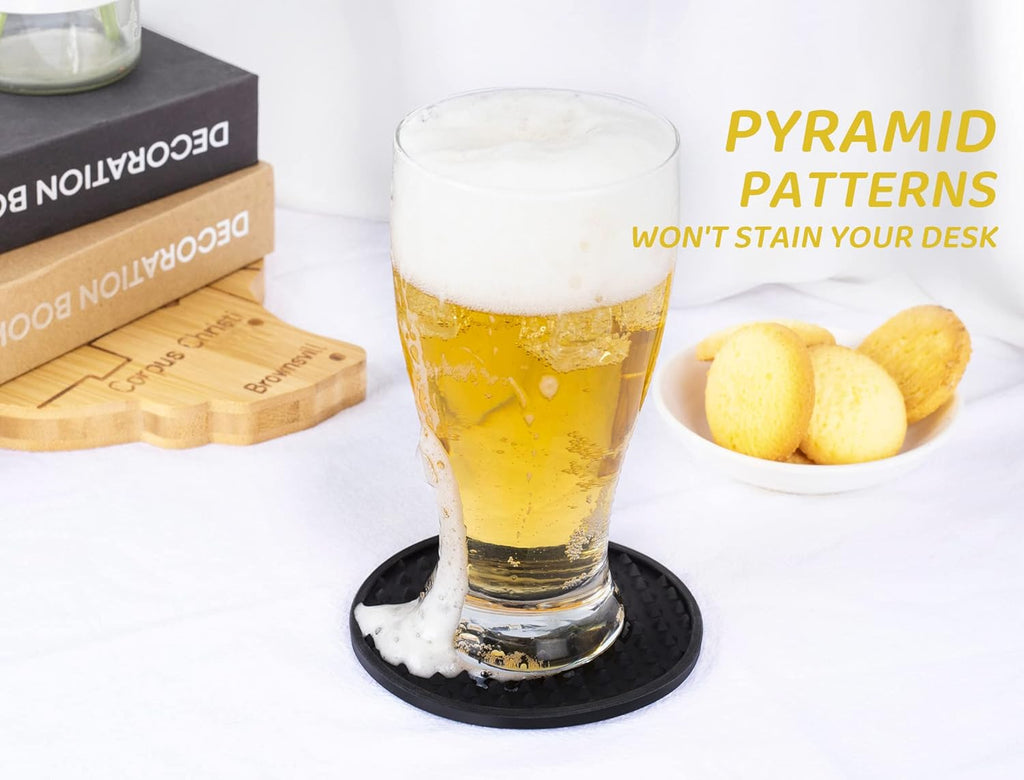 Coasters for Drinks 6 Pcs Drink Plastic Coaster with Holder,Heat Resistant Silicone Cup Mat Tabletop Protection,Non-Slip Rubber Coasters for Kinds of Cups (Black)