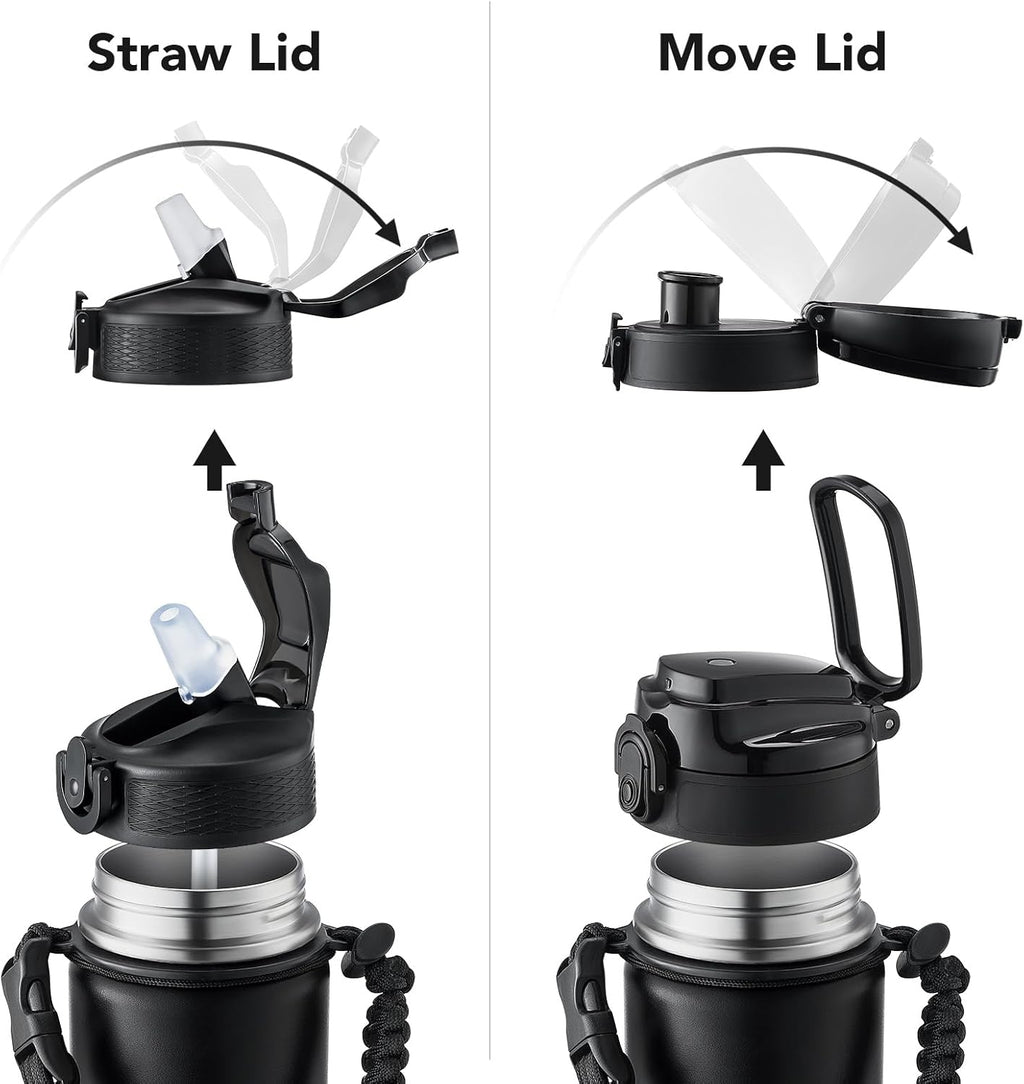 GOSWAG Insulated Sports Water Bottle, 24oz 2 Lids(with Straw/No Straw), Stainless Steel Water Bottles with Paracord Handle, Insulated Bottle with Double-Wall Vacuum Insulation