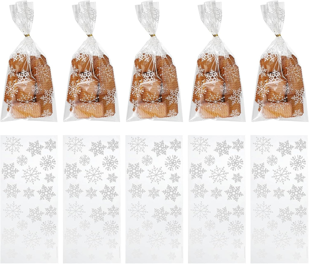 uxcell 100pcs Snowflake Treat Bags, Cookie Bags with Twist Ties for Candy Package Christmas Holiday Winter Party Favors, White