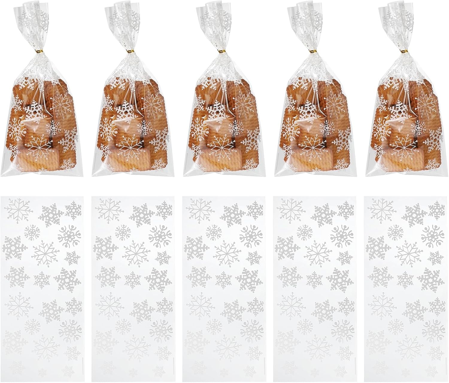 uxcell 100pcs Snowflake Treat Bags, Cookie Bags with Twist Ties for Candy Package Christmas Holiday Winter Party Favors, White
