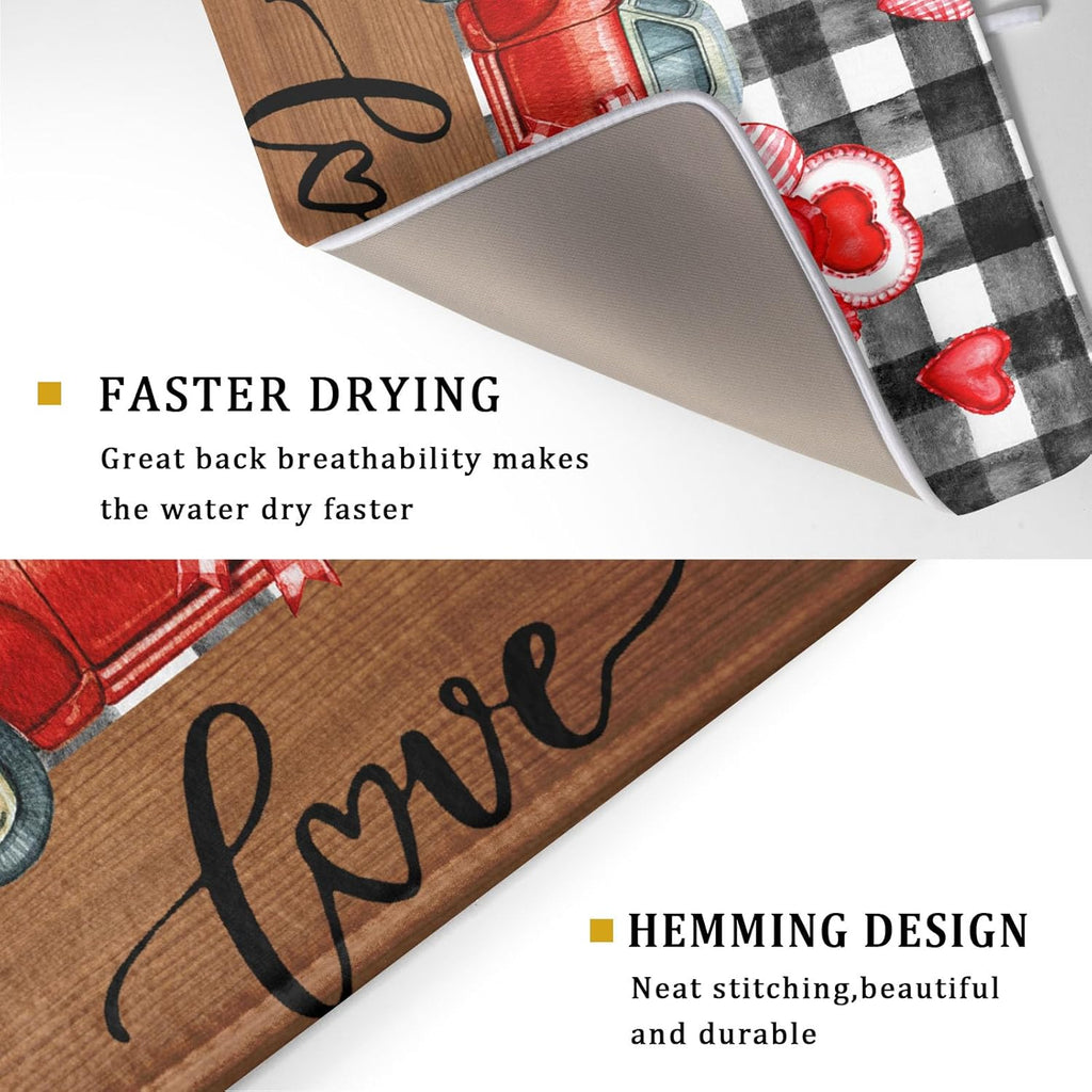 Valentine's Day Red Heart Truck Dish Drying Mat for Kitchen Counter,Black White Buffalo Plaid Love Drying Mat 18 x 24 Inch with Absorbent Reversible Microfiber Dish Drying Pad for Coffee Bar