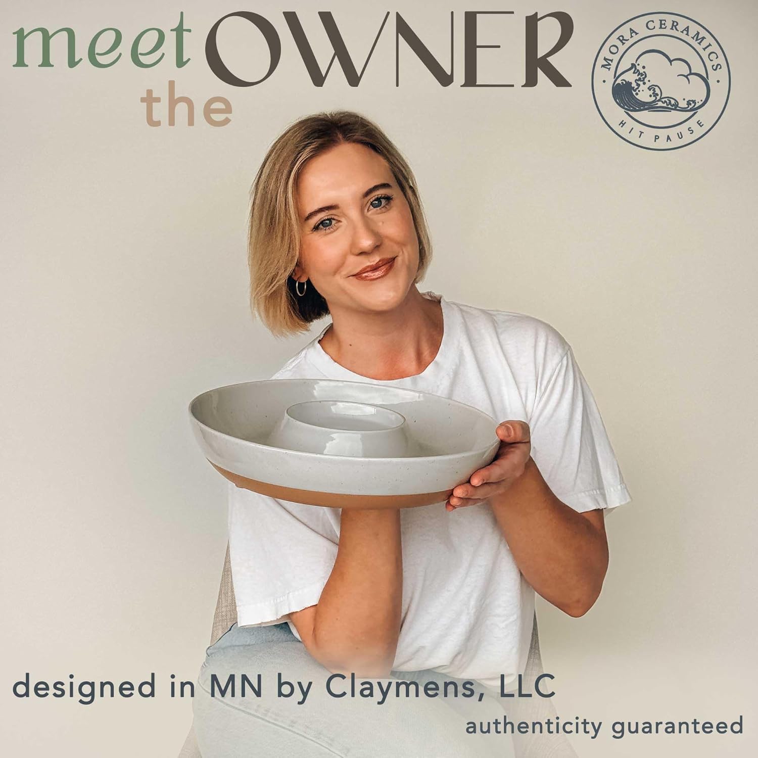 Mora Ceramic Chips and Dip Serving Tray: Large Divided Party Bowl Set for Chips & Salsa, Veggies & Dip, Fruit, Snacks, Entertaining, Hosting, etc. Minimalist Design for the Modern Hostess - Earl Grey