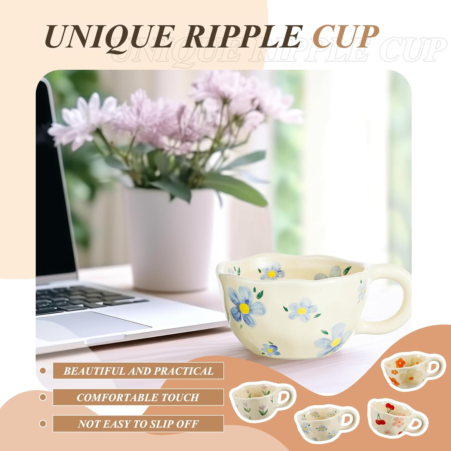 Vesici 4 Styles Cute Ceramic Flower Coffee Mug Set 8. 5 oz Vintage Aesthetic Porcelain Floral Tea Coffee Cup with Handle Dishwasher Microwave Safe for Woman Girls Gifts