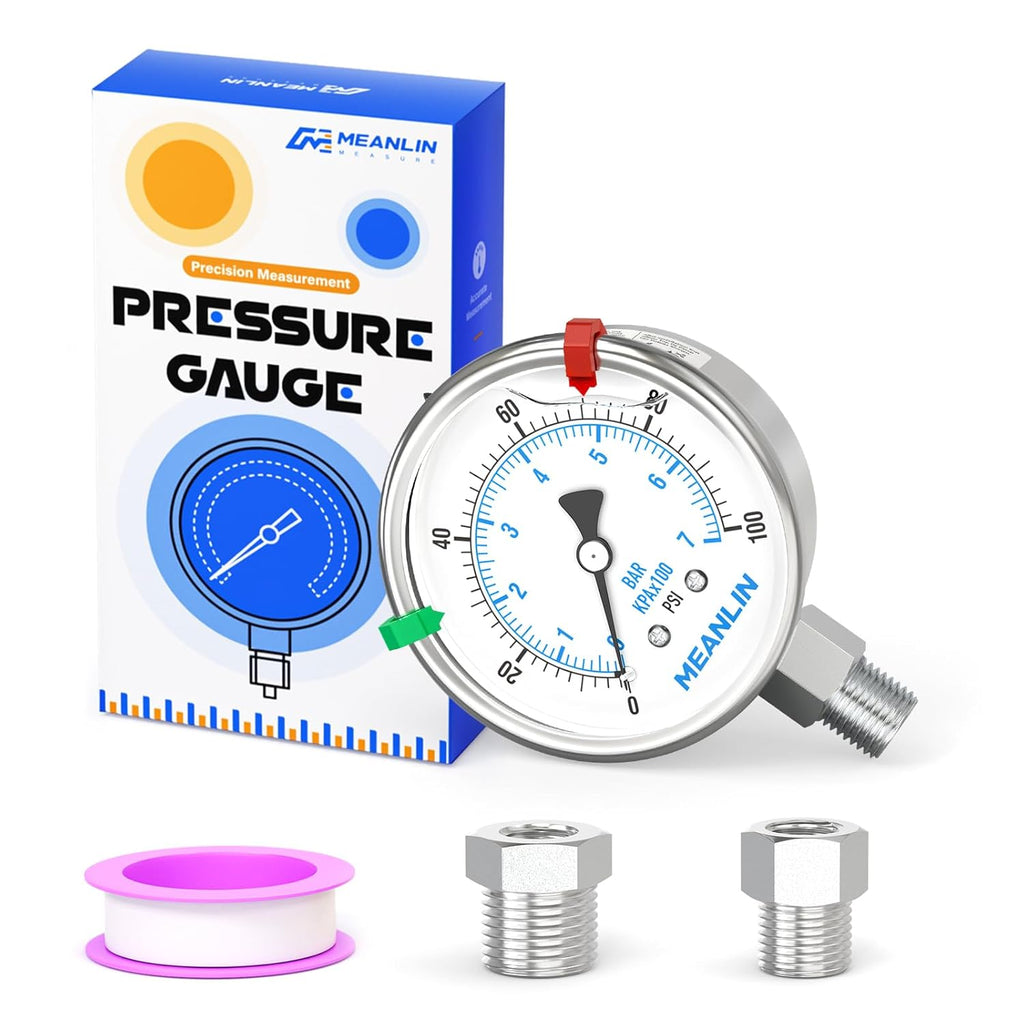 MEANLIN MEASURE 0~100Psi Stainless Steel Liquid Filled Pressure Gauge 2.5" FACE DIAL 1/4" NPT for Well Pump Tire Water Pressure Tester Lower Mount with Stainless Steel Hex Bushing and Snaps