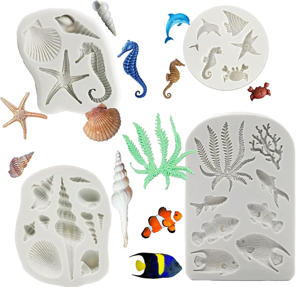 MEMOVAN Marine Theme Silicone Fondant Mold 4pcs Under the Sea Cake Mold Hippocampus Seaweed Sea Fish Crab Coral Conch Sea Shell Silicone Chocolate Mold for DIY Ocean Theme Cake Cookie Chocolate Candy