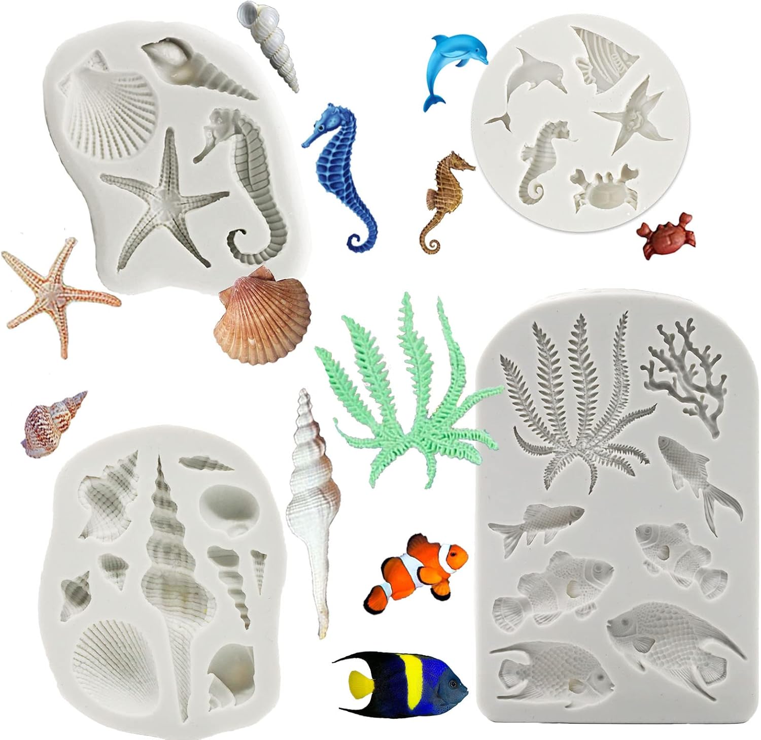 MEMOVAN Marine Theme Silicone Fondant Mold 4pcs Under the Sea Cake Mold Hippocampus Seaweed Sea Fish Crab Coral Conch Sea Shell Silicone Chocolate Mold for DIY Ocean Theme Cake Cookie Chocolate Candy