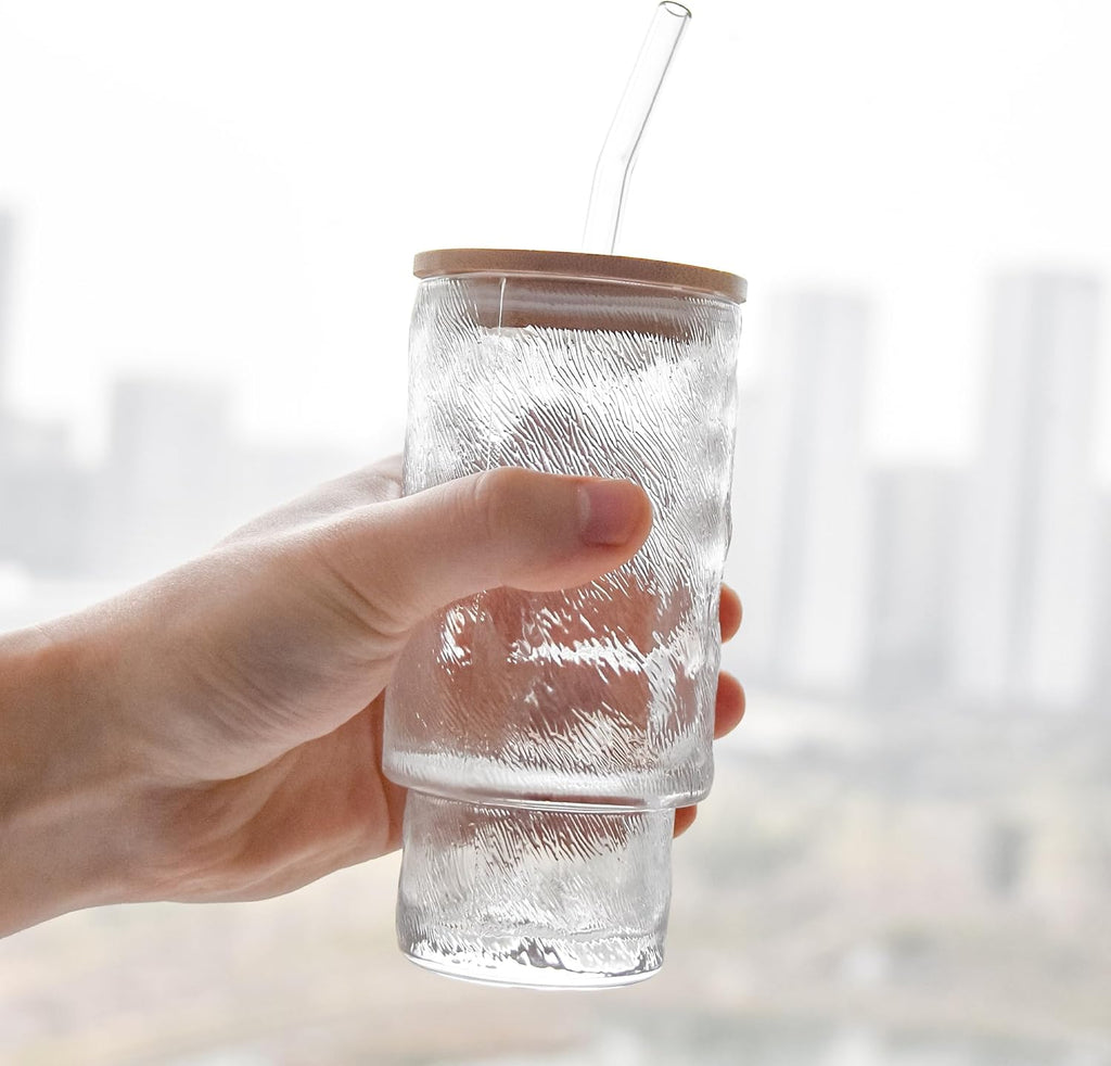 4 Pcs 11oz Drinking Glasses Cups Set with Bamboo Lids Straws Brush Small Embossed Glassware Set for Juice Iced Coffee Cocktail Whiskey(Begonia*4)