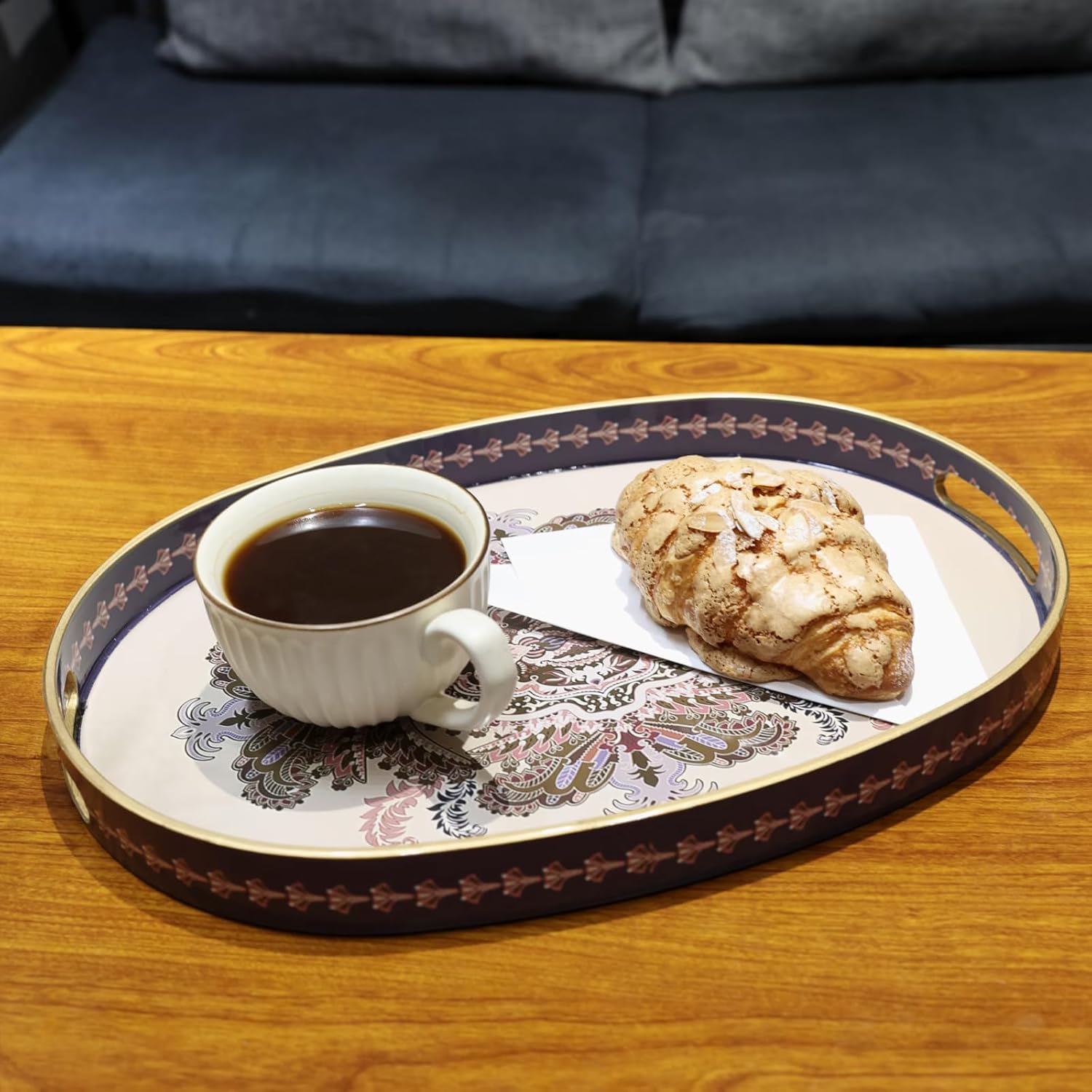 Oval Plastic Serving Tray with Handles, Elegant Decorative Tray for Coffee Table, Ottoman, Living Room, Kitchen, Outdoor Use. 10"*16"*1.4" B