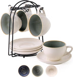 SIDUCAL Stackable Cappuccino Cup Set of 4 [8oz] Ceramic Coffee Cups with Saucers and Cup Holder,Microwave/Dishwasher Safe,Espresso Demitasse Cups(Green)