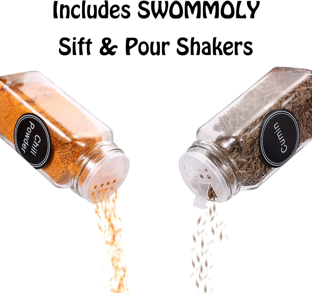 SWOMMOLY 66 Glass Spice Jars with 703 Spice Labels, Chalk Marker and Funnel Complete Set. 66 Square Glass Jars 4oz, Airtight Cap, Pour/sift Shaker Lid