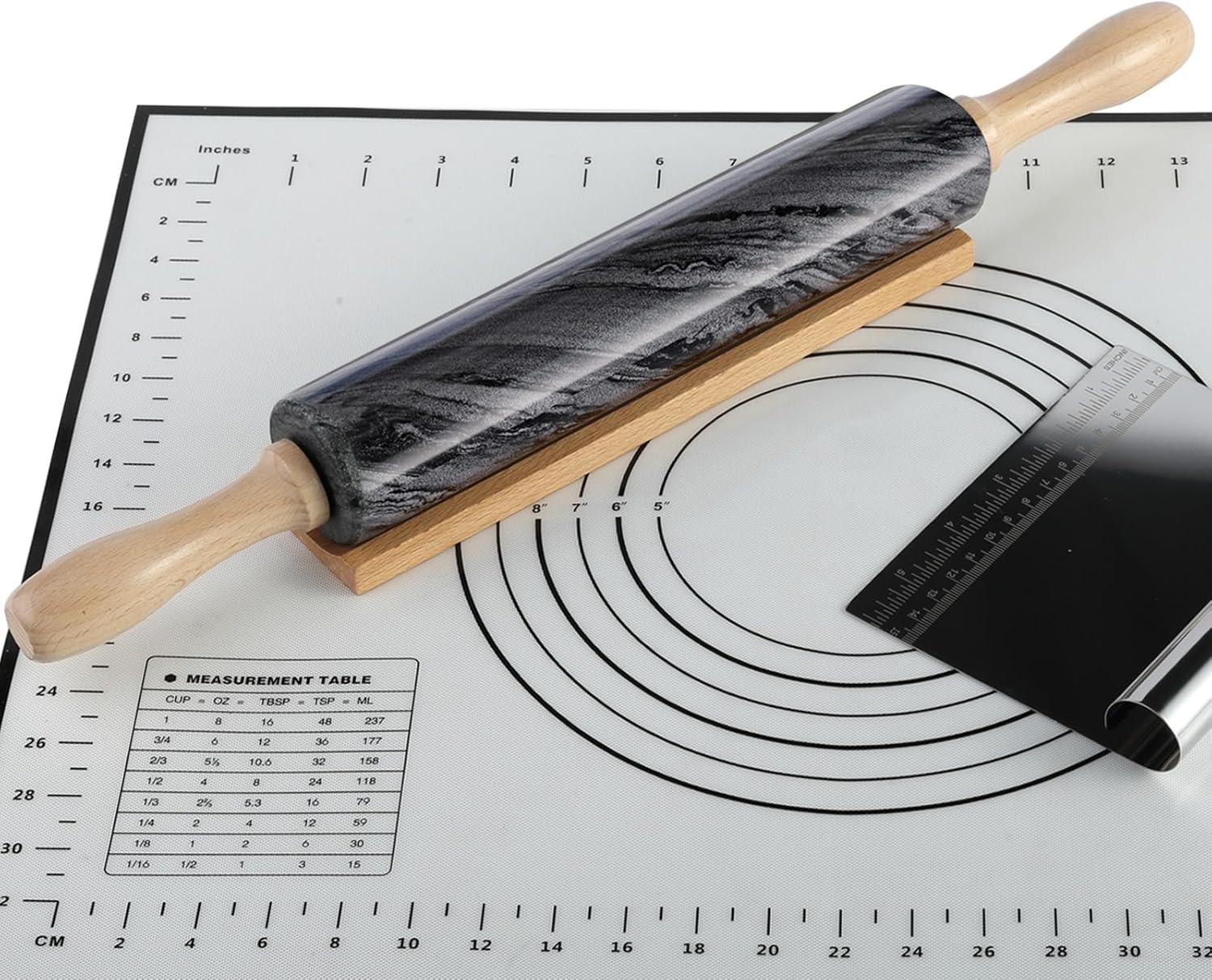 African Natural Marble Rolling Pin, Non-Stick Polished Dough Roller, Pasta, Dumpling, Fondant, Pie Crust, Bread, Pizza Dough, Kitchen Baking Pastry Tools with Mat/Scraper(Monte Grigio)