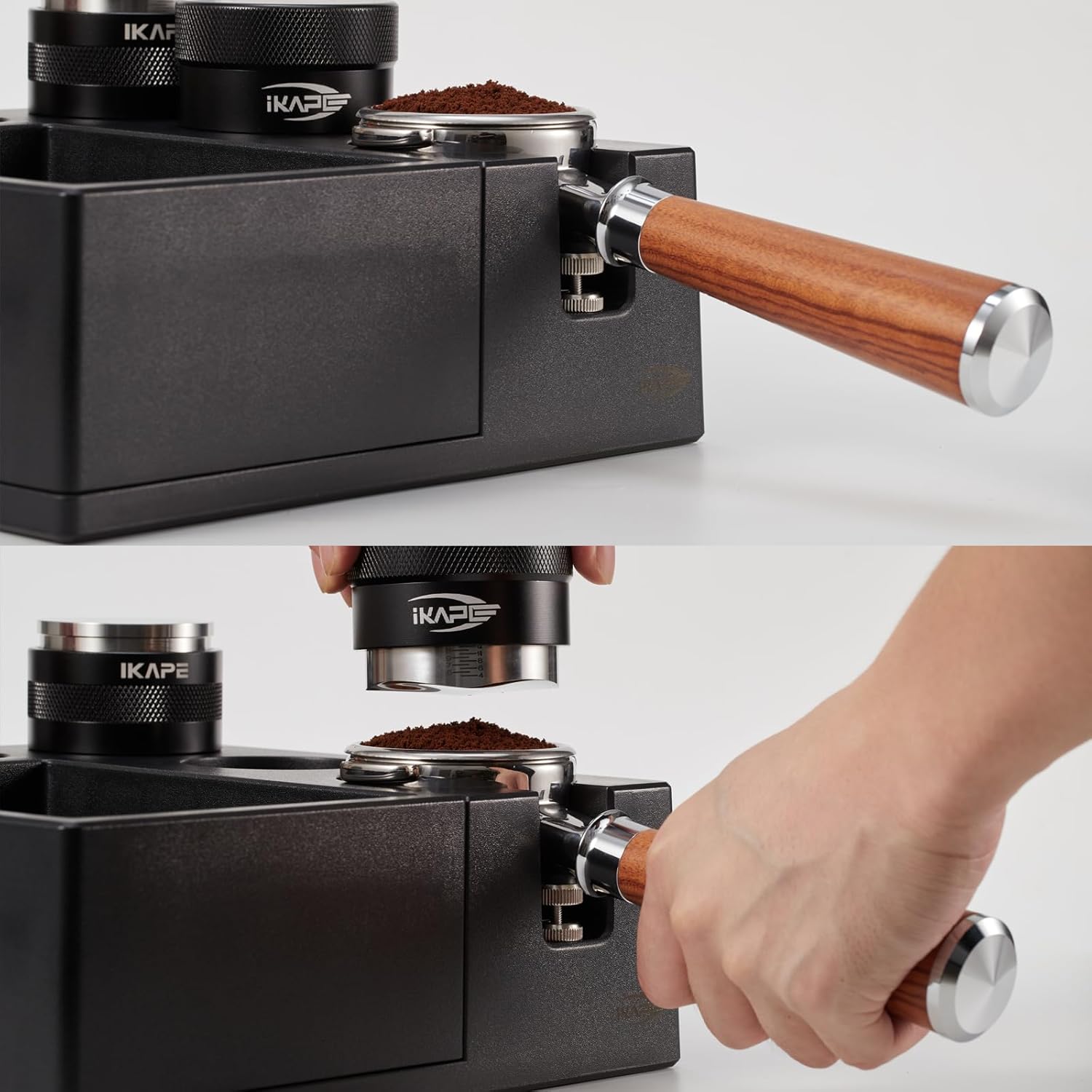 IKAPE Espresso Knock Box, Espresso Coffee Organizer Box Fit for Storage 51, 54, 58MM Espresso Tamper, Distributor, Portafilter & Puck Screen Accessories, Plastic Station Base(Black)