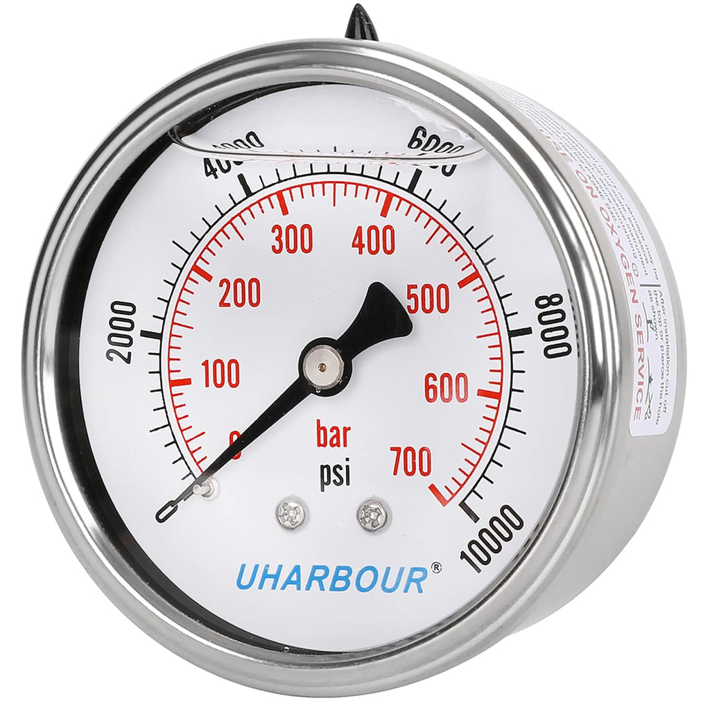Glycerin Filled Pressure Gauge 10000psi/700bar, Stainless Steel case, Brass Inside Construction, 2-1/2" dial, 1/4" NPT Back Connection.…