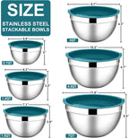 E-far Mixing Bowls with Lids, 12-Piece Stainless Steel Salad Bowls Metal Nesting Bowls for Baking Cooking and Prepping, Airtight Lids & Stackable Design, Size 7, 4.5, 3, 1.5, 1.2, 0.7 QT (Blue)