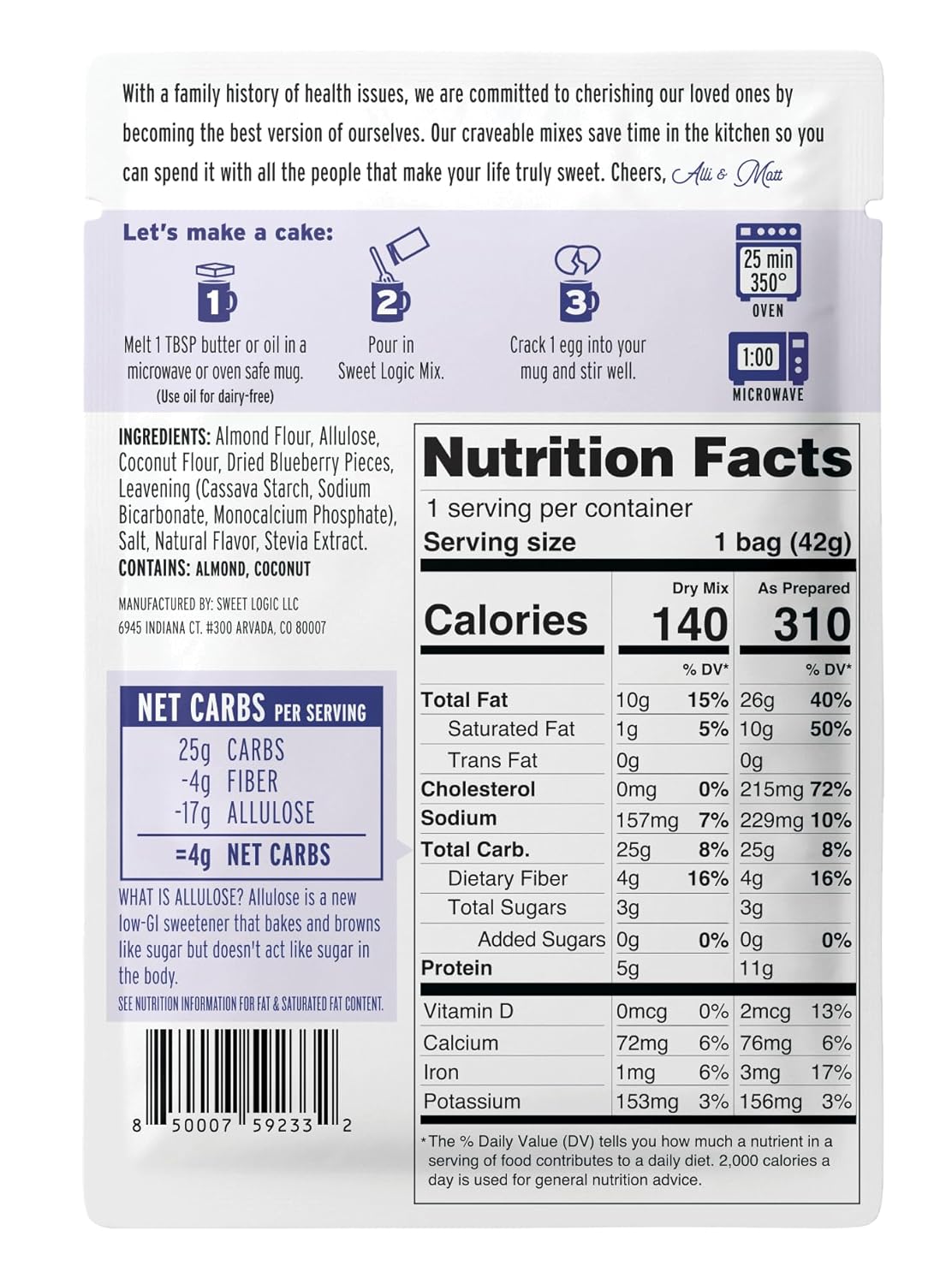 Sweet Logic Keto Dessert Mug Cake Mixes - Blueberry Muffin - Low Sugar - Gluten-Free - Low Carb - Diabetic-Friendly Sweets - Natural Ingredients - High Protein - Delicious Keto Treats (4 Pack)