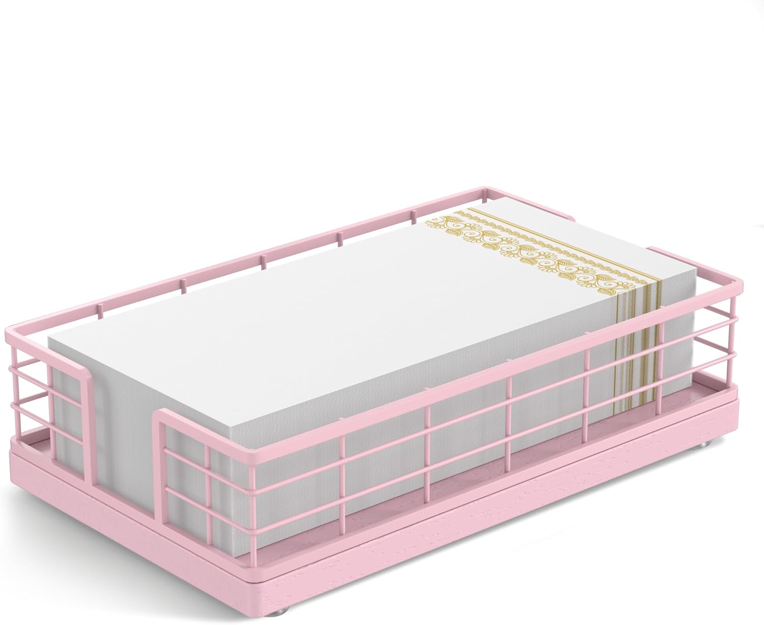 Wican Guest Towel Holder Tray for Bathroom, Oak and Iron Napkins Holder for Powder Room Dinning Table Wooden Basket for Disposable Paper Hand Towels Totally Pink