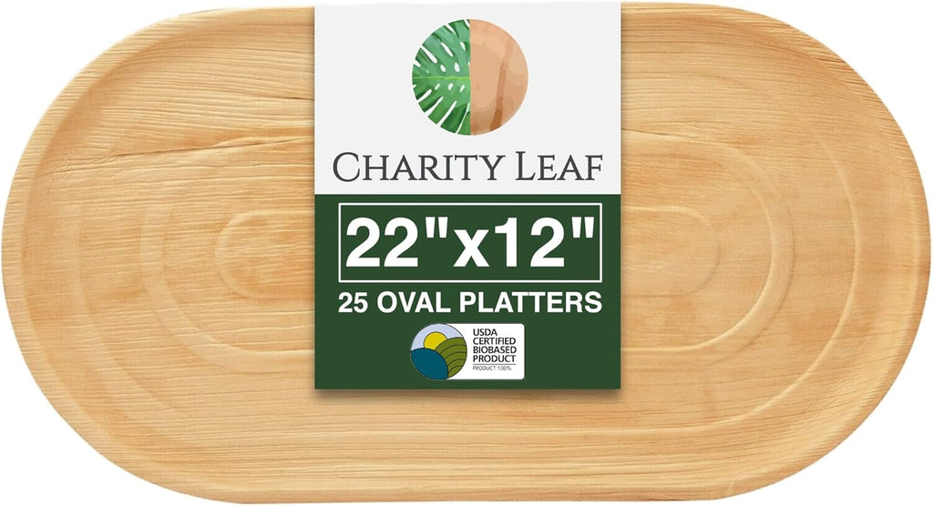 Charity Leaf Disposable Palm Leaf 22" x 12" Trays (25 pieces) Bamboo Like Serving Platters, Disposable Boards, Eco-Friendly Dinnerware For Weddings, Catering, Events