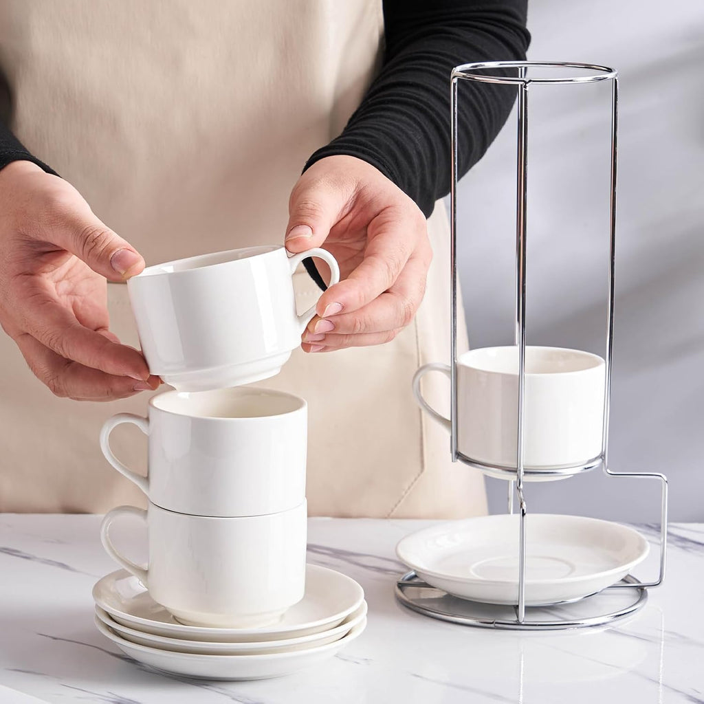 8 Ounce Porcelain Cappuccino Cups with Saucers and Silver Stand, White Cups Set of 4