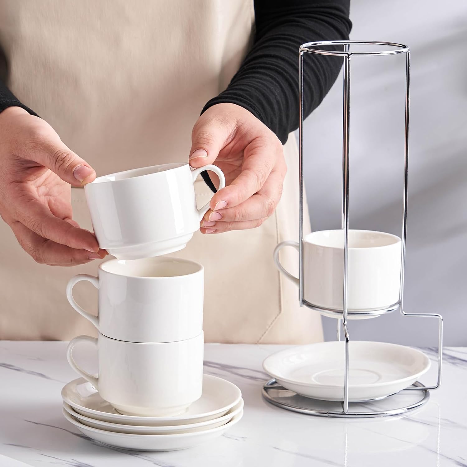 8 Ounce Porcelain Cappuccino Cups with Saucers and Silver Stand, White Cups Set of 4