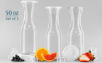 Glass Carafe Pitchers, by Kook, Large Carafe - set of 3, Beverage Dispensers, Clear Jugs For Mimosas, Water, Wine, Milk and Juice, with Plastic Lids, 50 oz Dishwasher Safe