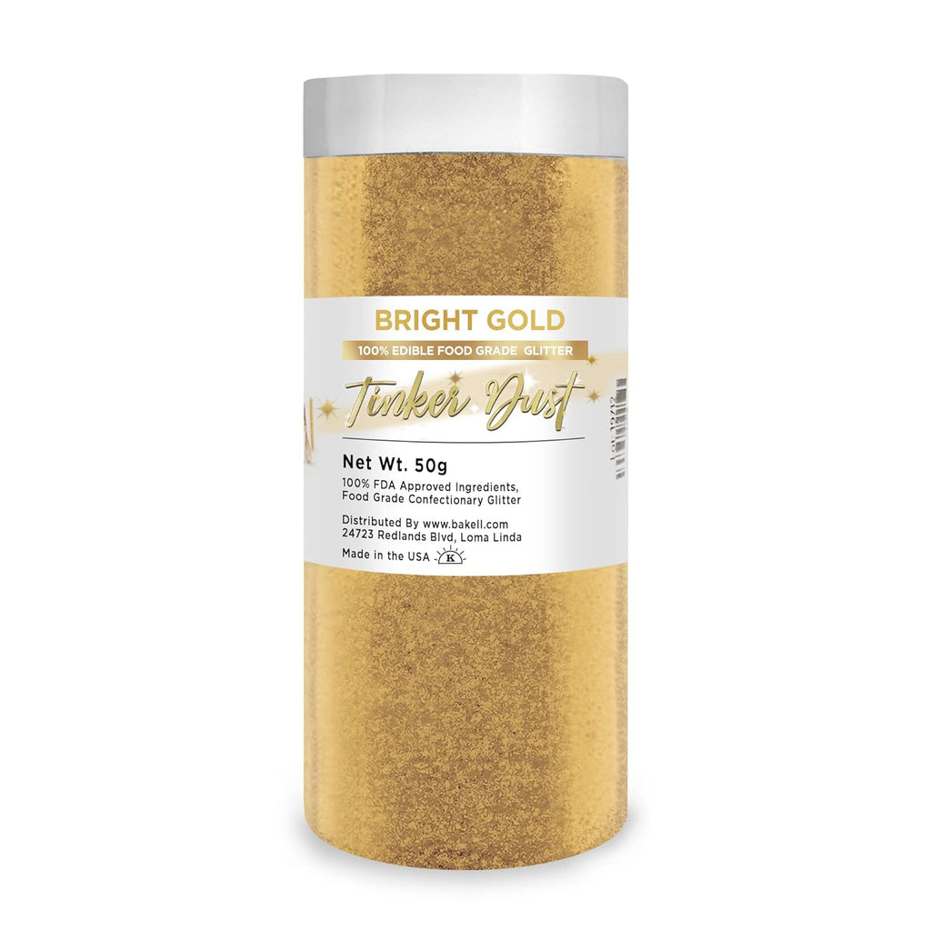 BAKELL Bright Gold Edible Glitter, 50 Grams | TINKER DUST Edible Glitter | KOSHER Certified | 100% Edible Glitter | Cakes, Cupcakes, Cake Pops, Drinks, Dessert Vegan Glitter & Dusts (50g, Bright Gold)