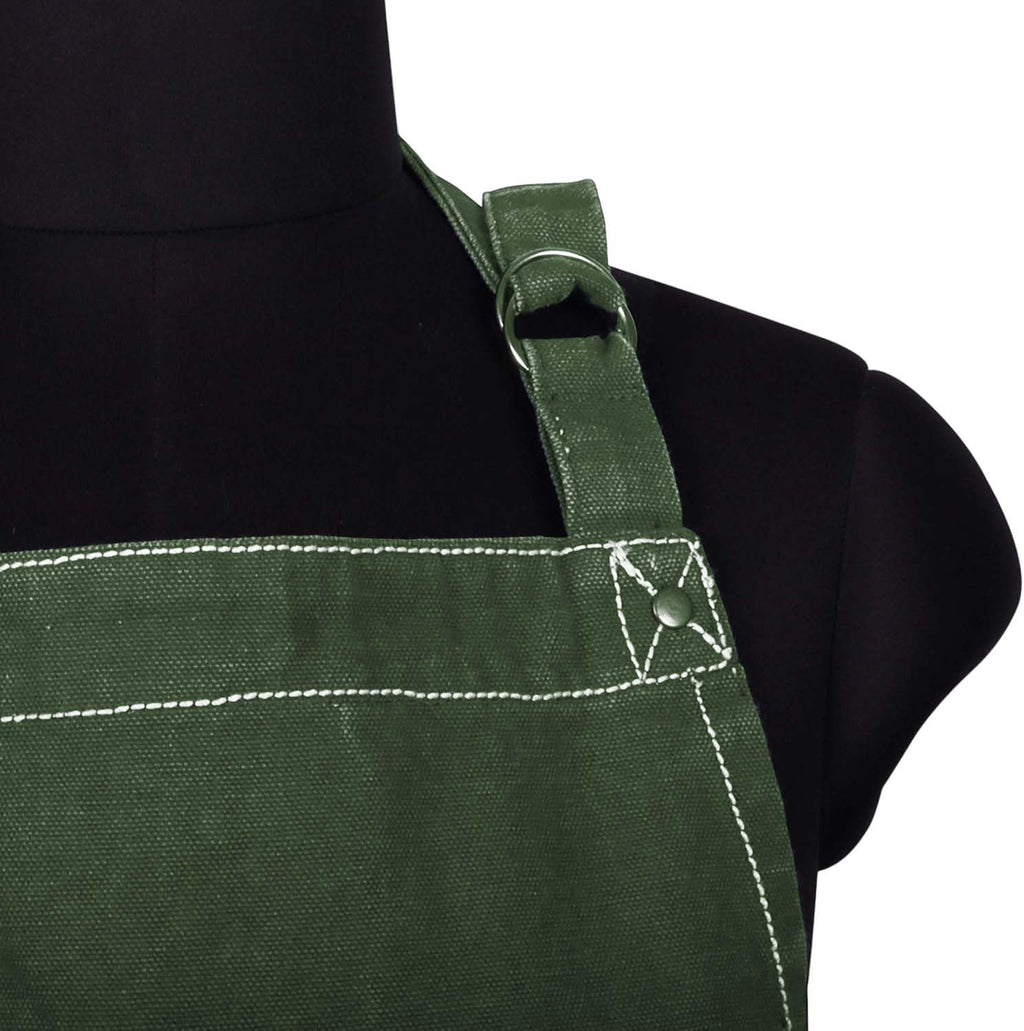 AMOUR INFINI Cotton Solid Aprons for Women with Pocket, Adjustable Strap and Waist Ties Washed Chef Aprons for Cooking, Baking and Gardening (27.5x33 Inches - Green)