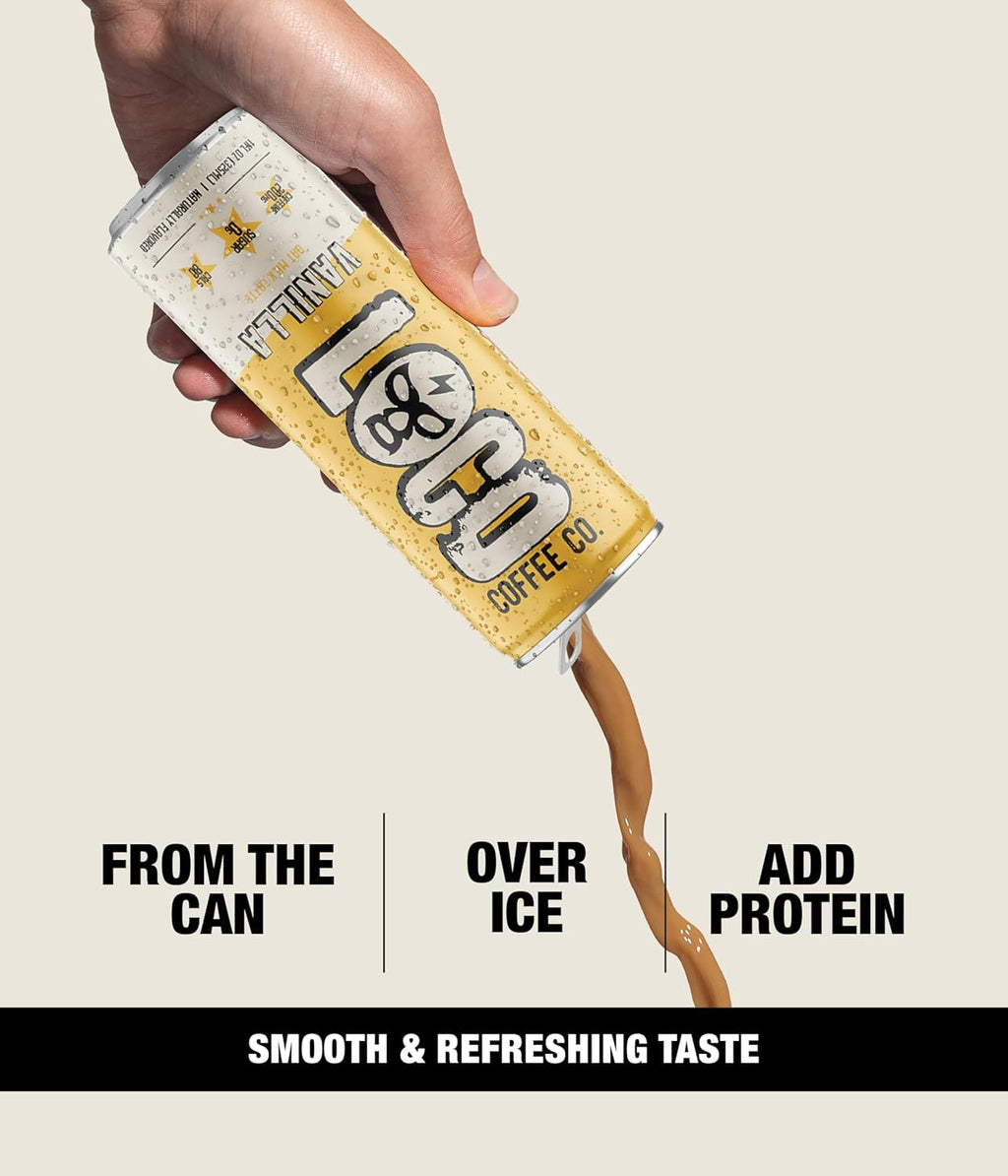 Loco Coffee Vanilla Latte 11 Ounce Can, 12 Count | Zero Sugar, 200mg Caffeine | Gluten Free and Dairy Free | Low Calorie Iced Coffee