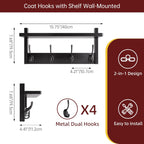 Coat Rack with Shelf, 2 Pack Bamboo Wall-Mounted Coat Hanger with 8 Hooks for Entryway, Hallway, Kitchen, Bathroom, Living Room, Utility Room (Black)
