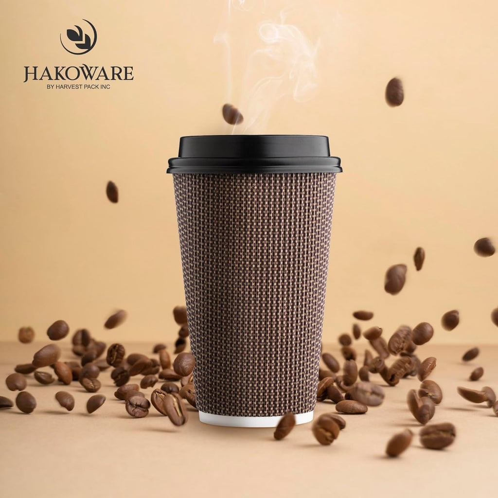 [85 SET]Harvest Pack 16 oz Coffee Cups, Disposable Insulated Ripple Coffee Cups, Double-Walled To go Cups with Lids, Brown Geometric, Drinking Paper Cups for Tea Hot Chocolate Drinks
