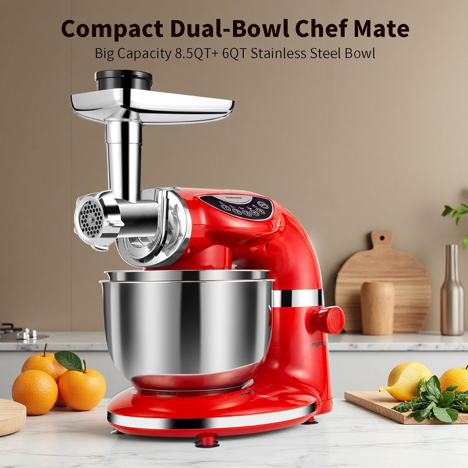 Aifeel Stand Mixer, 8.5QT+ 6QT Two Stainless Steel Bowls Electric Food Mixer, 7 in 1 Multifunctional Kitchen Mixer with Dough Hook, Whisk, Beater, Meat Grinder,Pasta & Cookie Maker-Red