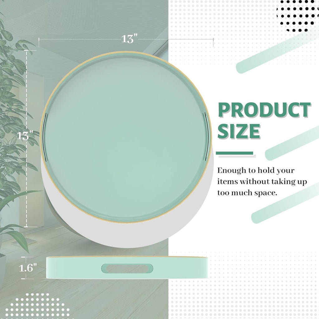 MAONAME Mint Green Decorative Tray for Coffee Table, Modern Round Serving Trays with Handles, 13" Plastic Tea Trays for Ottoman, Bathroom Decor