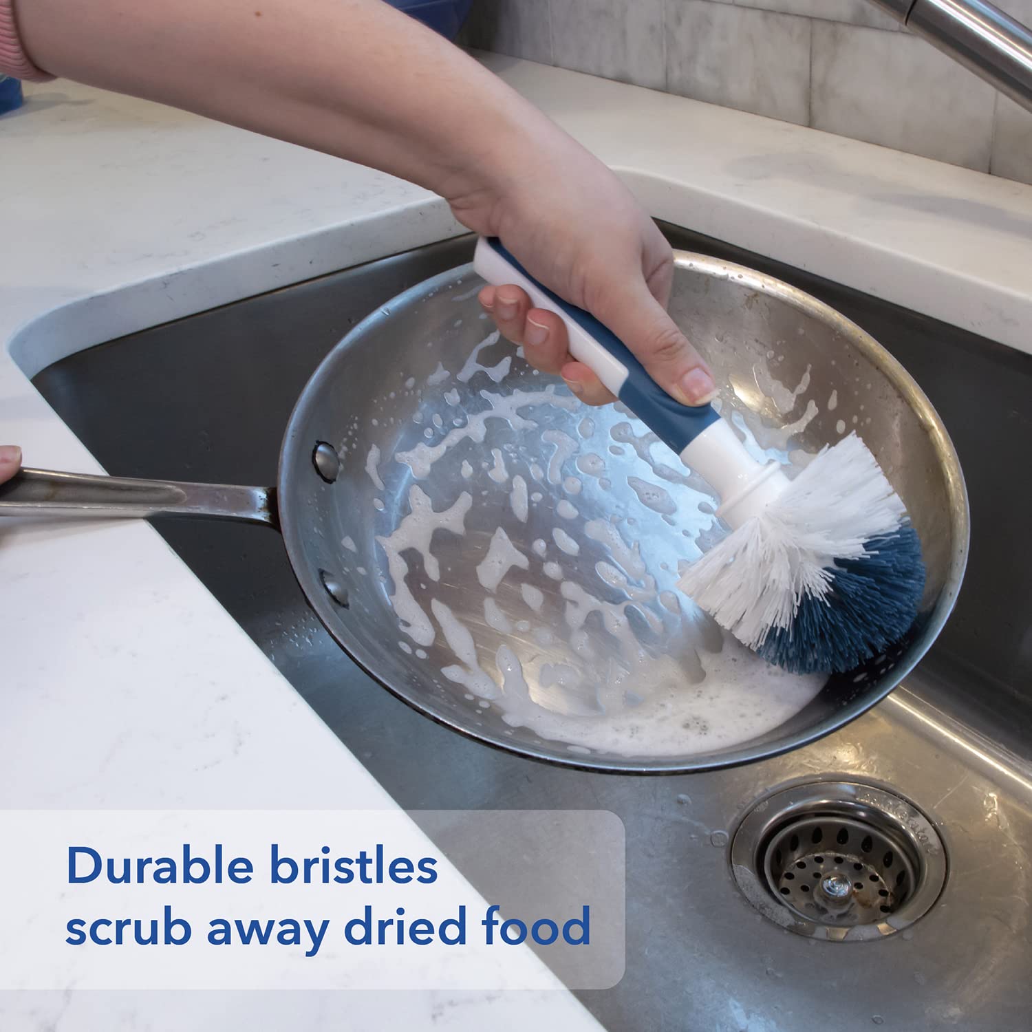 Unger Sink and Dish Scrub Brush, Kitchen Washing Scrubber for Hard-to-Reach Corners, Small Cleaning Supplies, Non-Scratch Bristles, Glassware, Pots, Pans, Tumblers, Drains, and Disposals